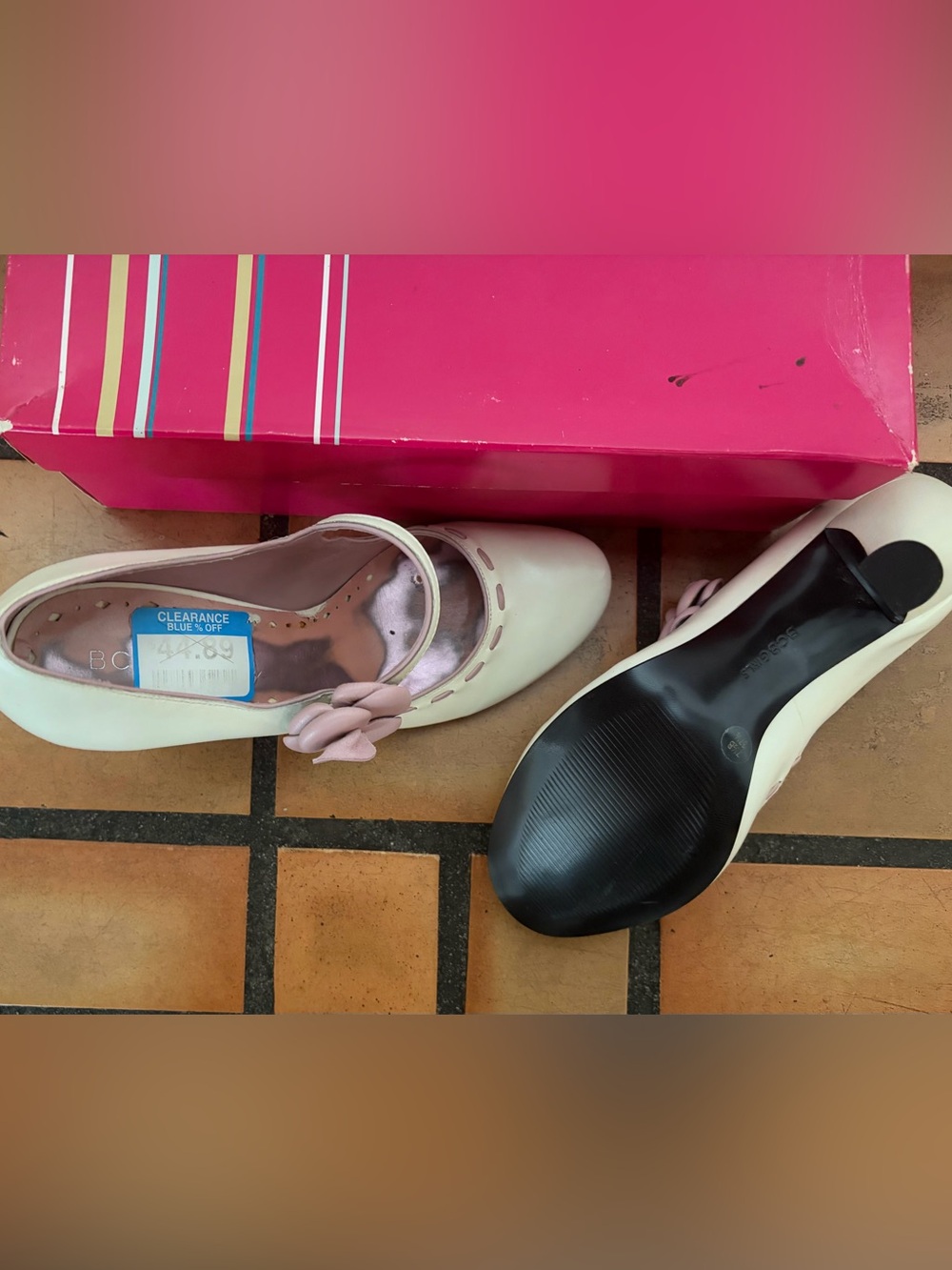 Vintage BCBGirls Cream Mary Jane Heels with Pink Flower Accent - Picture 5 of 5